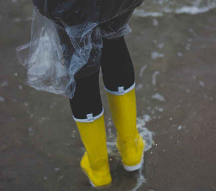 person wearing clear plastic raincoat and pair of yellow rainboots